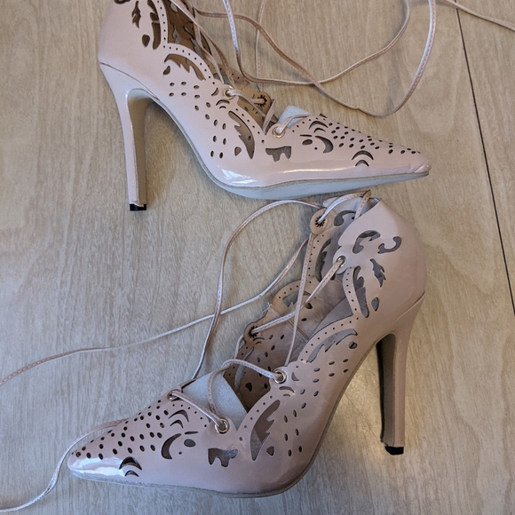 Nude Patent Laser Cut Lace Up Ankle Wrap Heels 8 - Picture 6 of 13